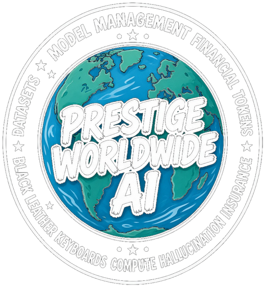 An early concept badge for Prestige Worldwide AI, with joke ring text listing model management, financial tokens, datasets, black leather keyboards, compute, and hallucination insurance.